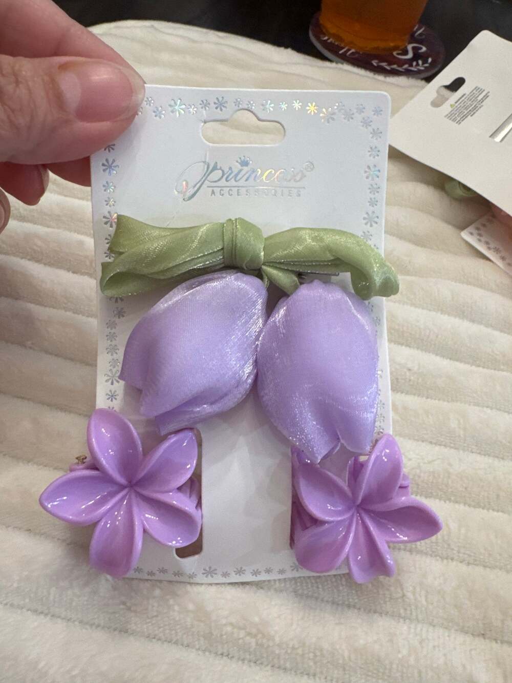 Purple tulips flower hair clips with green bow and 2 mini flower claw